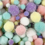 Pompons, D 15-40 mm, Glitter, Pastellfarben, 1x400g/ 1 Pck