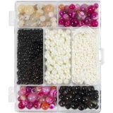 Kreativ Mix Schmuck, Achate, Größe 2,6-10 mm, Lochgröße 0,8-1,8 mm, Beige, Schwarz, Pink, Perlmuttweiß, 1 Pck