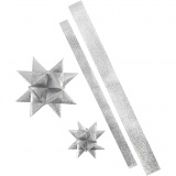 Papierstreifen für Sterne, L 86+100 cm, D 11,5+18,5 cm, B 25+40 mm, Glitter silber, 1x16Streifen/ 1 Pck