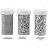 Mini Beads - Sortiment, Größe 0,6-0,8+1,5-2+3 mm, Silber, 45 g/ 3 Pck