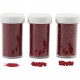 Mini Beads - Sortiment, Größe 0,6-0,8+1,5-2+3 mm, Rot, 45 g/ 3 Pck