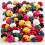 Perlen aus Holz, D 8+10+12 mm, Lochgröße 2-2,5 mm, Sortierte Farben, 1x400ml/ 1 Eimer, 175 g