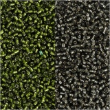 Rocailleperlen, 1,7 mm, 15/0, 0,5-0,8 mm, Grasgrün, Graugrün, 2x7g/ 1 Pck